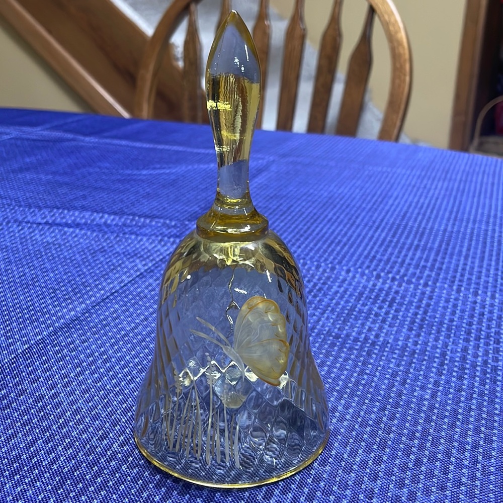 Fenton Diamond Optic Yellow Bell - Hand Painted Butterfly/Signed/Sticker